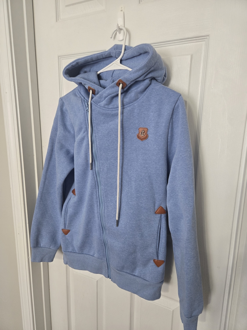 Adult Small Light Blue Hooded Jacket with Leather Trim